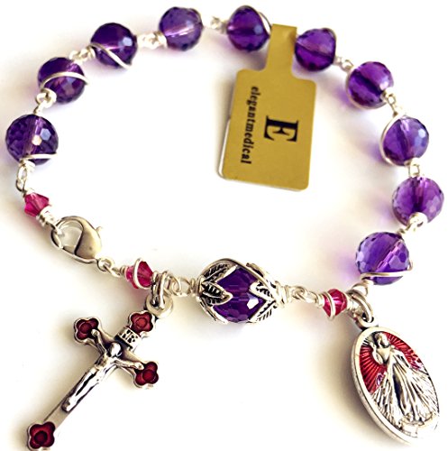 elegantmedical Silver Wire Wraped UNDOUBTED AMETHYST Crystal BEAD BRACELET ROSARY CROSS CATHOLIC2