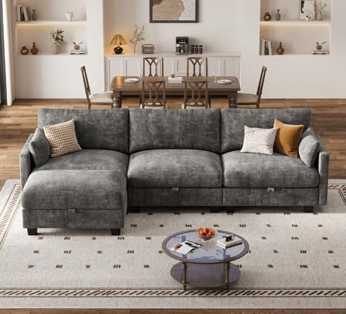 Image of Modular Sectional Sofa, 101 inch L Shaped Couch with Storage | High Resilience Foam, 22 inch Seat Depth, Movable Ottoman, Comfy Chenille, Easy Assembly, Dark Gray