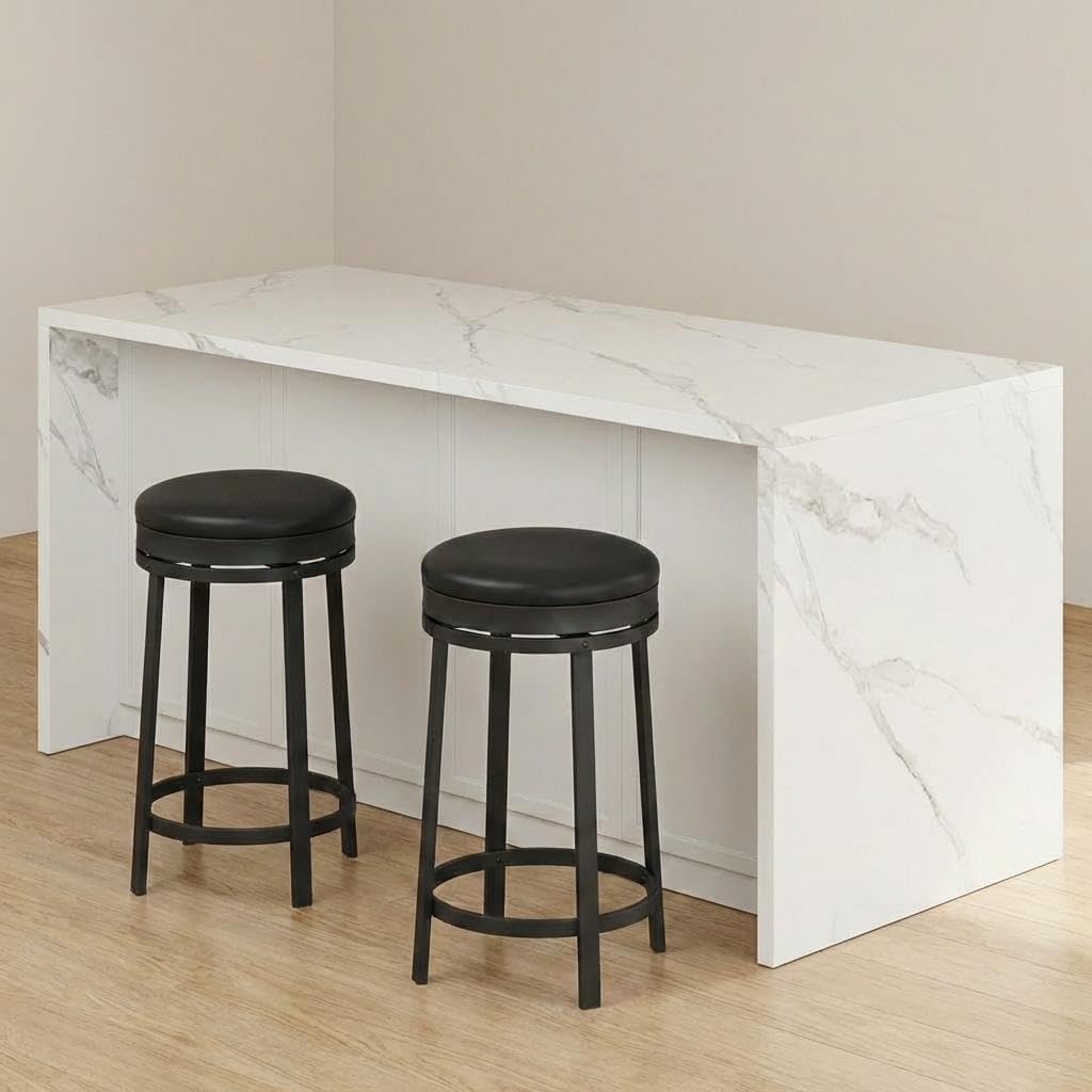 24'' Bar Stools Set of 2, Counter Height Swivel Bar Stools with Footrest, Kitchen Counter Stools with PU Leather Upholstered and Metal Frame, Mid-Century Modern Backless Counter Stools, Black