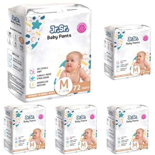 Image of Jr. Sr. Baby Diaper Pants | Medium (M) Size (7-12 kg), 72 Count | Pack of 5 | Upto 12 hr Absorption with Advanced Leak Protection | Safe For Babies Skin | Soft, Secure & Comfy