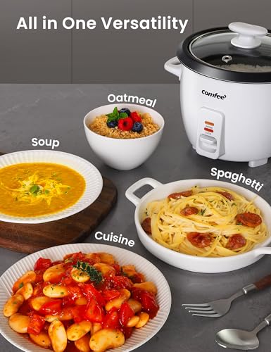COMFEE' Rice Cooker, 6-Cup Cooked/3-Cup Uncooked, Removable Non-Stick Bowl, for Soups, Stews, Grains&Oatmeal, One Touch, White
