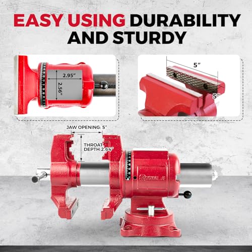 Image of Upgraded UPG 5-Inch Terminal Location Bench Vise with Ductile Iron Bench Vise 360 Multi-Purpose Bench Vice with Anvil and Positioning Pins, Clamp force 8800lbs, Red Swivel Vise