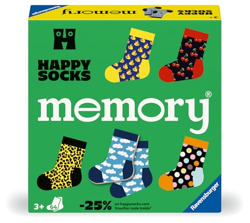 Ravensburger - Memory Happy Socks, Juegos de Mesa Niños 6 Años o más, Regalo Niño y Adultos, Juegos de Mesa Familia, 64 Cartas