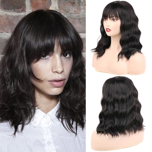 DaiMer Black Wavy Wigs with Bangs Women's Short Black Bob Wig Sintic Natural Look Shoulder Length Heat Resistant Fiber Hair for Daily Party Use (16 pollici) (#2)
