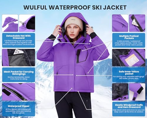 WULFUL Women's Waterproof Ski Jacket Warm Winter Coats Windproof Winter Jackets for Women Fleece Lined Windbreaker with Hood by WULFUL - Used condition - US$18.21