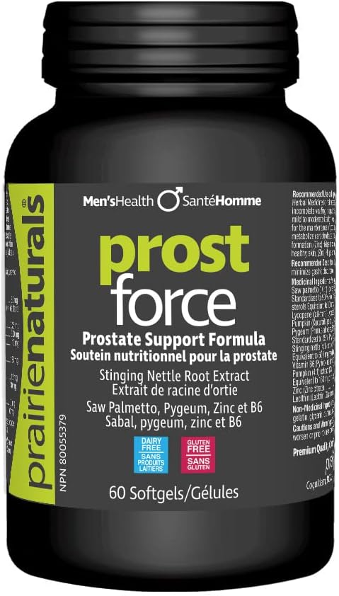 Prairie Naturals UK Ltd Prairie Naturals Prost Force - Saw Palmetto Liposterolic Extract - Relieve the urologic symptoms (e.g. weak urine flow, incomplete voiding, frequent urination). Benign prostatic hyperplasia BPH. Lycopene provides a source of antioxidants. Vitamin B6 and Zinc to metabolize carbohydrates, proteins and fats. Dairy free. Gluten free - 60 Softgels.