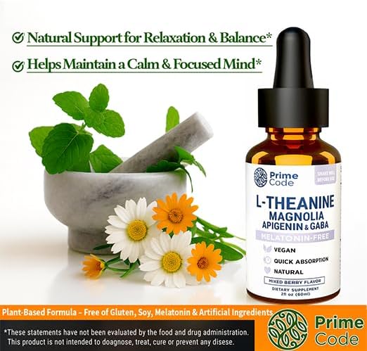Prime Code L-Theanine Liquid with Magnolia, Apigenin & GABA – Melatonin-Free Relaxation & Calm Support – Mixed Berry Flavor – Vegan, Natural, Fast Absorption Supplement for Men & Women, 2 fl oz - Image 8