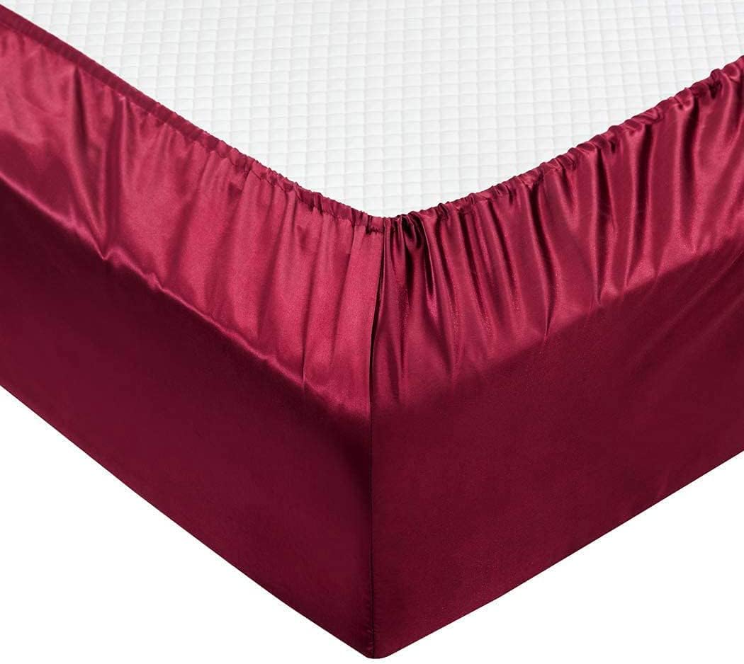 Silky Satin Fitted Sheet - Bottom Sheet - Deep Pocket - Breathability Shrinkage and Fade Resistant-Easy Care -1 Fitted Sheet Only (Burgundy, Twin/TwinXL)