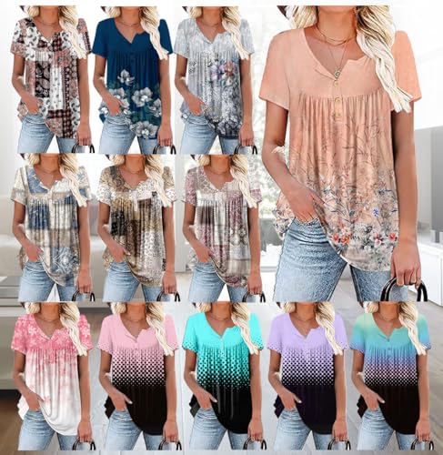 Women's Summer Short Sleeve Tunic Plus size ladies shirts Floral Blouse Loose Flowy Tops for Leggings M-4XL2