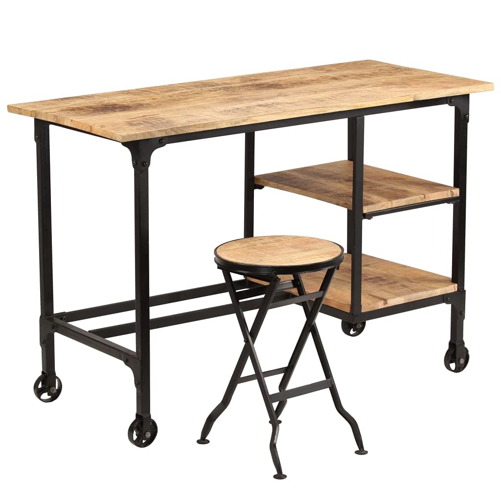 Escritorio con taburete plegable, mesa de ordenador vintage de madera maciza de mango, mesa de trabajo industrial con ruedas y 2 estantes para oficina en casa y oficina, 115 x 50 x 76 cm