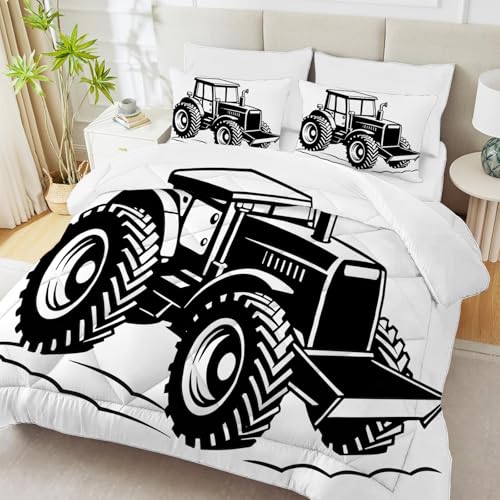 PNHCL Tractor Edredon Estampado 4 Estaciones, Maquinaria Agrícola Edredón Relleno Nórdico Cama 80/90, Rústico Edredones Reversible 135x200 cm para Infantil Decoracion Dormitorio, Blanco