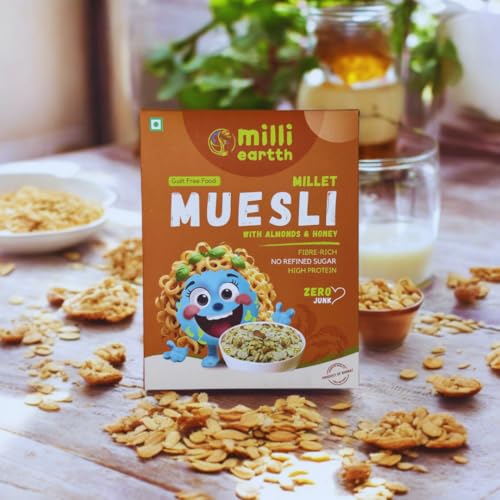 Image of millieartth Millet Muesli with Almond and Honey 350g (Pack of 2) | Ragi Barnyard Millet Quinoa Corn Cereal | Ready to Eat Breakfast Mix | With Almonds, Honey and Jaggery
