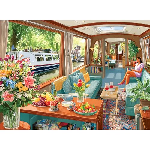 Puzzle de 500 piezas para adultos FaPtoo con imagen de interior acogedor de barco en canal, cartón reciclado ecológico