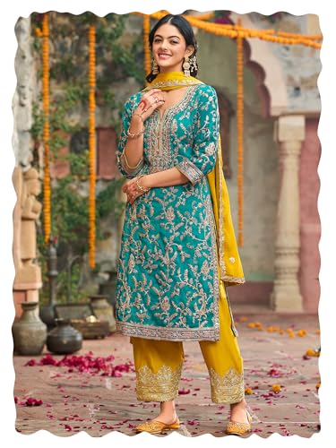 Image of INDO ERA Women's Silk Blend Embroidered Straight Kurta & Pant With Dupatta Set (IEOUT10592)