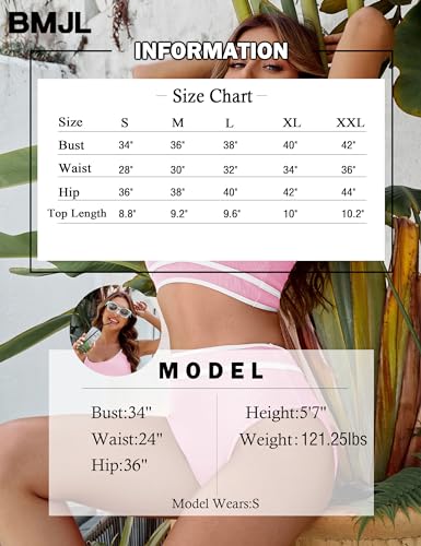 Image of BMJL Women's High Waisted Bikini Ribbed Two Piece Swimsuit High Cut Color Block Adjustable Straps Bathing Suit