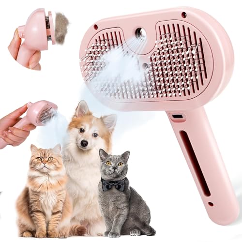 FORZENA Bunny Ferret Steam Brush Release Button Self Cleaning Spray Comb for Long and Short Hair Cats Rechargeable Steaming Cat Grooming Brush Steamer to Remove Loose Hair (Pink)