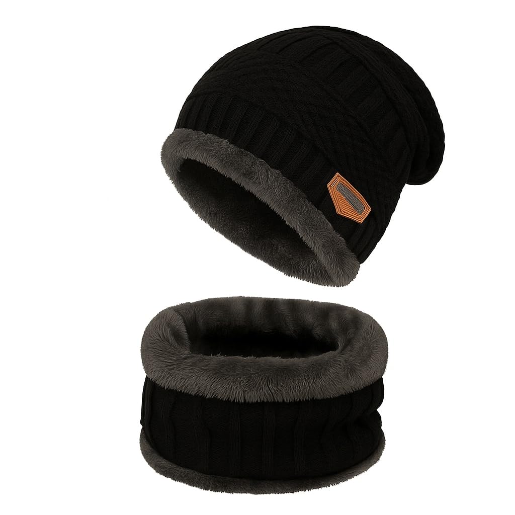 Winter Woolen Beanie Cap & Neck Warmer Set for Men & Women | Soft Fleece Lined Knitted Wool Cap | Warm Stylish Unisex Winter Hat for Cold Weather, Outdoor, Biking & Daily Use (Black)-image-33