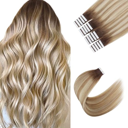 Image of Sixstarhair Tape In Hair Extensions Rooted Brown Fading to Ash Brown Mixes with Beach Blonde Hair Extensions 20 Pieces Remy Human Hair Extensions [Color R3-8P613# 16inch]