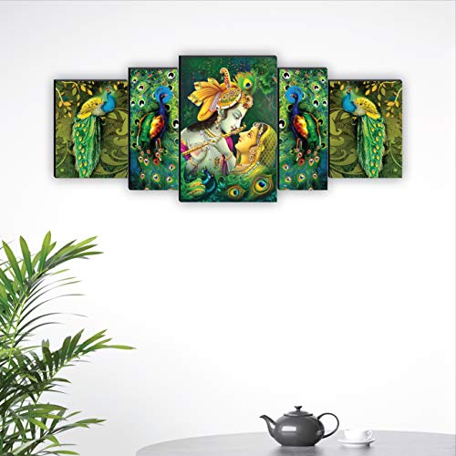 SAF paintings Set of 5 Radhe Krishna with couple peacock UV Textured Home Decorative Gift Item MDF Panel Painting 18 Inch X 42 Inch SANFPNL31177