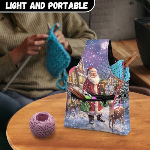 Image of KUIFORTI Santa Claus Christmas Yarn Bag Moose Portable Crochet Bag Organizer Portable for Crocheting Knitting Accessories Home Gifts, Size L