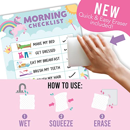 Image of Magnetic Morning & Bedtime Routine Chart for Kids - Customizable Toddler Daily Schedule Board with Dry Erase Surface, Stickers & Marker, Build Habits with Visual Checklists, Unicorn Theme