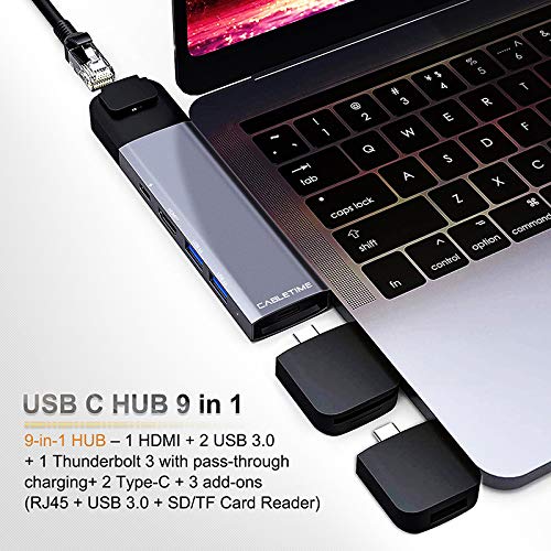 Image of Tobo Dual Type C to USB3.0 / LAN /HDMI /Thunderbolt 3 /USB SD + USB-C Charger PD 9 in Adapter Compatible with Mac-Book Pro 2016 2017 (Dual Type-C 9 in 1)
