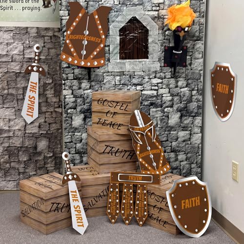 Watersay Armor of God Decorations 2 Sets Full Armor of God Costume Cardboard Cutouts with 6 Pack Gift Boxes for Vbs Christian Bible Sunday School Religious Classroom Decor for School Activity Party