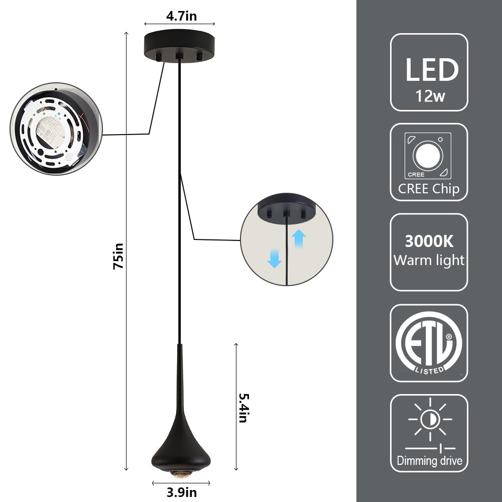 Black Pendant Light Kitchen Island, Modern Integrated LED Pendant Light Fixtures - Image 4