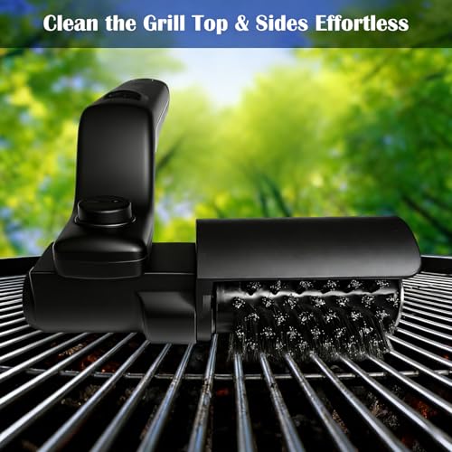 Elektrische Grillbürste Akkubetrieben – 180° Verstellbarer Kopf, 3-Stufen-Motor, 90 Min Laufzeit, Wasserdicht, Edelstahl & Nylon Bürstenköpfe für Grillrost, Smoker, Grillplatte (Schwarz)