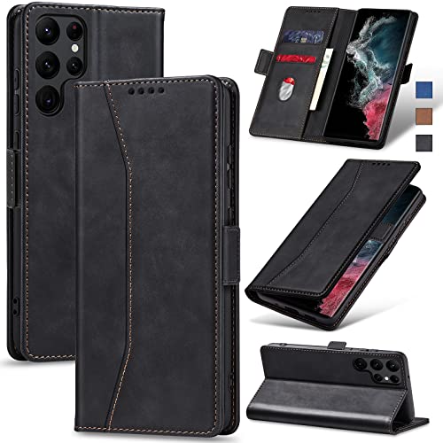 Image of Jasonyu Flip Wallet Case for Samsung Galaxy S22 Ultra 5G,Leather Magnetic Folio Cover with Card Holder,Kickstand - TPU Shockproof Durable Protective Phone Case,Black
