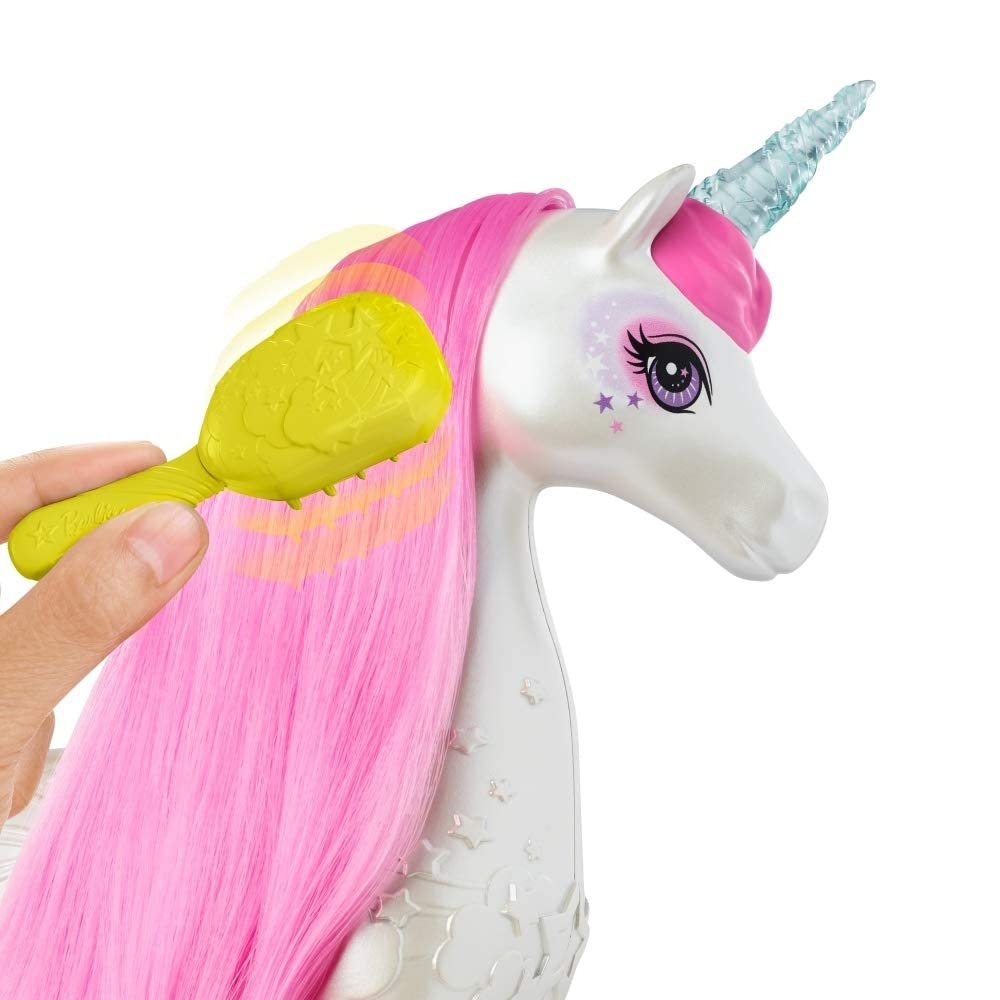 Barbie Dreamtopia Jednorożec Magiczne Włosy ze światełkami i dźwiękami, biały z różową grzywą i ogonem, wspaniały prezent dla dzieci w wieku 3–7 lat, GFH60