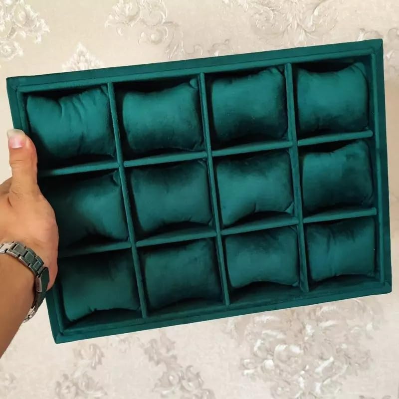 Image of Velvet Jewellry Drawer Organizer Stackable Tray (12 Pillow Watch, Green)