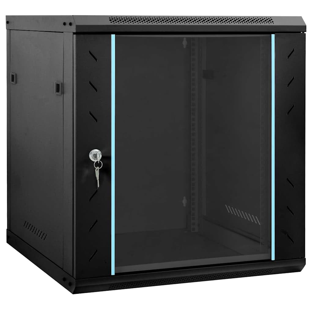 Armadietto di rete, 60 x 45 x 65 cm, nero, alloggiamento da parete, server, armadietto dati, in acciaio, con porta in vetro per componenti di rete