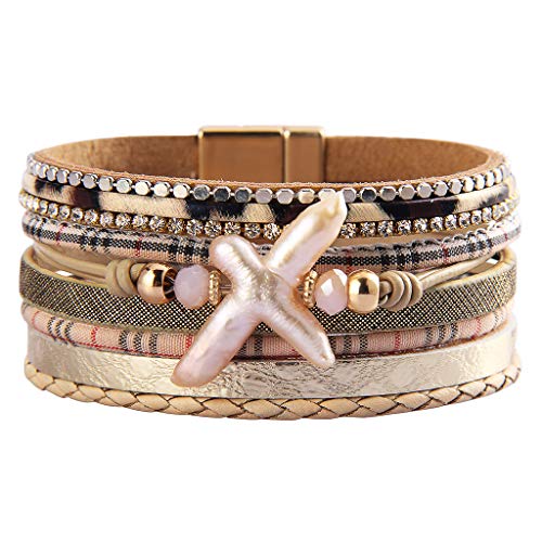GelConnie Starfish Leather Wrap Bracelet Baroque Pearl Leather Cuff Bracelet Magneitc Gold Plated Multi Strand Boho Bracelet Bohemian Gift for Women, Sister, Girls
