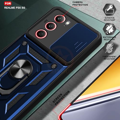 Image of Armor Bumper Back Cover Case for Realme P3x 5G Rotating Camera Cover, Ring Holder & Kickstand | Heavy Duty & 360 Degree Protection Realme P3x 5G Back Cover (Blue)