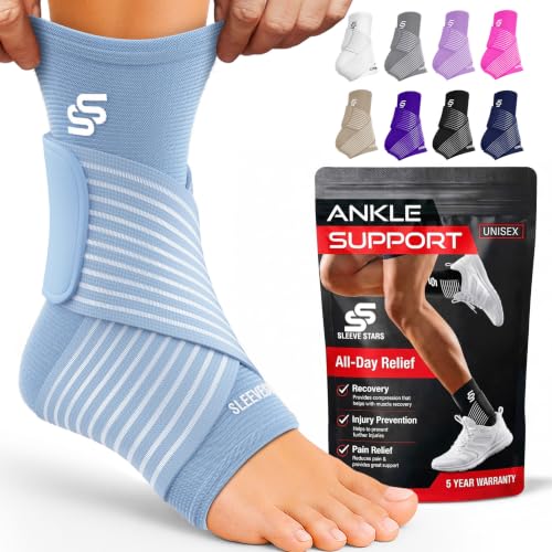 Image of Sleeve Stars Ankle Brace for Women & Men, Ankle Wrap for Sprain, Compression Sleeve for Plantar Fasciitis Relief, Easy Customizable Support: w / Removable Strap (Single /M:10 inch-12 inch /Light Blue)