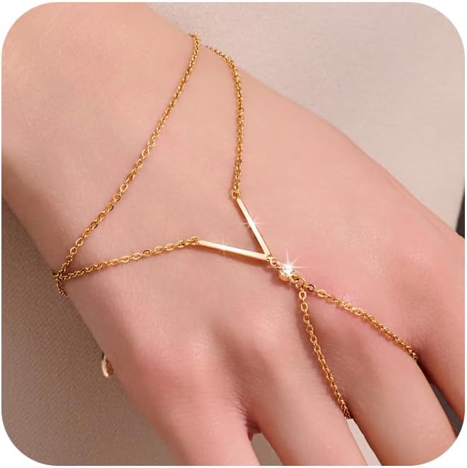 YOIHUR Champagne Gold Plated Hand Chains for Women, Adjustable Hand Chain Bracelet and Ring, Gold Hand Chain Bracelets Stack Jewellery Stars and Cubic Zirconia Hand Jewelry for Valentine's Day