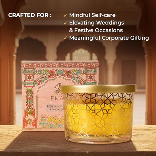 Image of EKAM 2025-26 Festive Fragrance Gift| Scented 3 Wick Candle| Lemongrass | Inspired by Pink Haveli | 28-Hour Burn | Essential Oil Infused | Gift Box for Festive Celebrations, Weddings, Giveaways, etc.