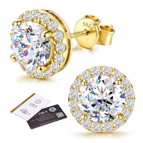 GEMQUEEN Moissanite Halo Earrings Studs : 18K Gold Plated 925 Sterling Silver Earrings for Women Men Hypoallergenic Dainty Stud Earring Jewelry Trendy Round Cut D Color VVS1 Clarity 2CT