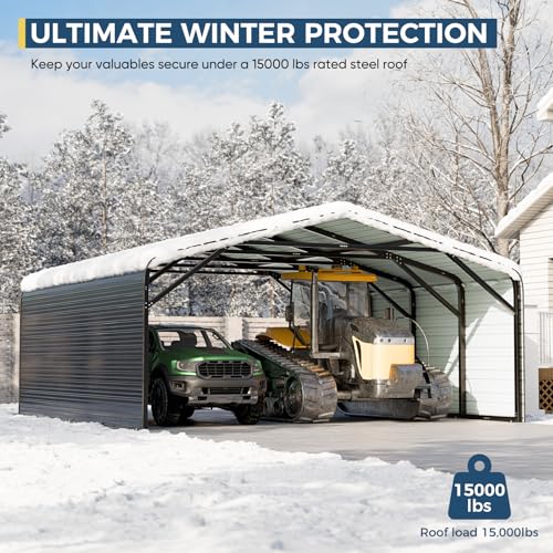 Image of Military-Grade Metal Carport 20x20 FT,Heavy Duty Garage 2-Sided Enclosure | 2x2 inch Steel Poles with Powder Coating, 15-Gauge Walls,120 PSF Snow Load Roof, Hurricane Resistant, Pickup, Truck, Black