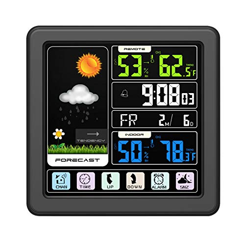 Ts-3310-Bk pełny ekran dotykowy bezprzewodowa stacja pogodowa wielofunkcyjny kolorowy ekran wewnątrz i na zewnątrz temperatura miernik wilgotności zegar stacja prognozy pogody
