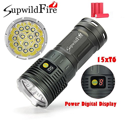 Sisit 50000 lumens, 15x XM-L T6 LED Lampe de poche Supwildfire. Construire dans l'affichage numérique pour la batterie. Imperméable avec le cas d'alliage d'aluminium (Argent)