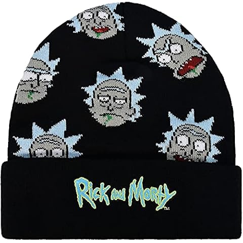 Concept One Morty Logo and Rick Sanchez Head Knitted Cuff Beanie Hat, Black, One Size Cover