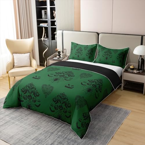Kids Halloween 100% Cotton Duvet Cover (NO Comforter),Gothic Tribal Flowers Cartoon Pumpinks Bats Silhouette Comforter Cover,Boys Girls Rustic Traditional Halloween Decor Comforter Cover Queen