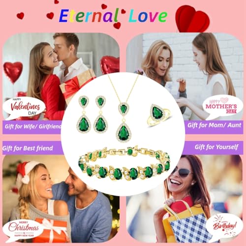 Lmxxvj Greem Jewelry Set For Women,Created Green Emerald Necklace Ring Stud Earrings Bracelet Teardrop Fashion Costume Jewelry Set Fashion Gifts,18K Gold-Tone thumb #2