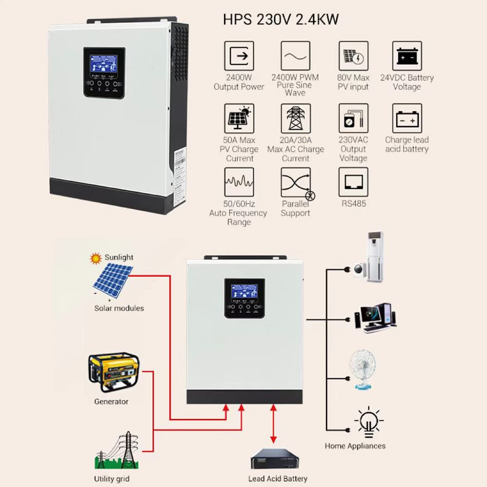 Ibrido Solar Inverter 3KVA DC24V off Grid Grid Pure Sine Wave Inverter 2400W Incorporato in 50A PWM Solar Controller Solare