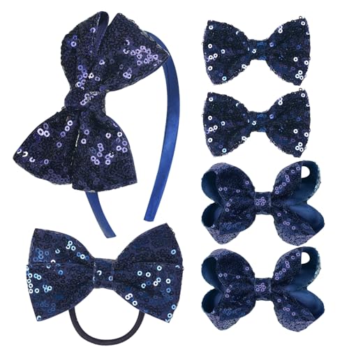 Set de accesorios de cabello con moños de grosgrain y lentejuelas – 6 piezas: moños brillantes, clips, diadema y liga para cabello para niñas pequeñas (Azul Marino) miniatura 1