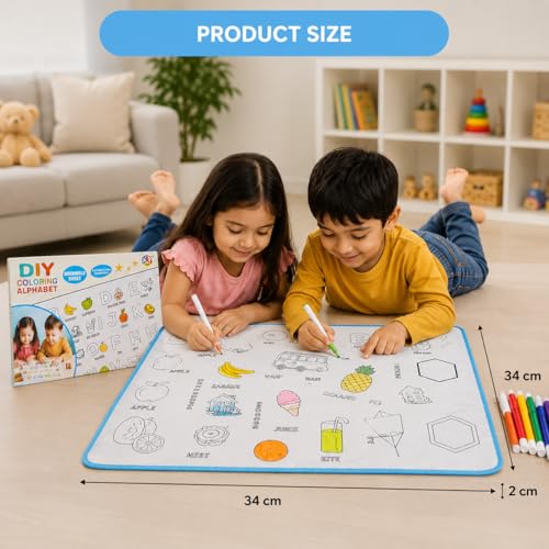 Image of KV Toys Washable Coloring Mat for Kids with Reusable DIY Alphabet Drawing Sheet, Color Sketch Pens, Educational Learning Activity Toy for Boys & Girls Age 3+ Years, Travel-Friendly Creative Play Set