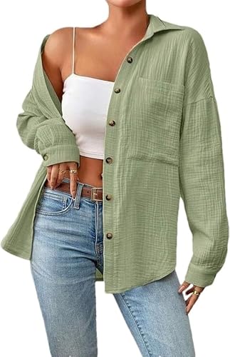 Button Down Blouse Tops for Women Long Sleeve Collared Office Elegant Shirt Trendy Spring Fall Fashion Outfits (Light Green,Medium)
