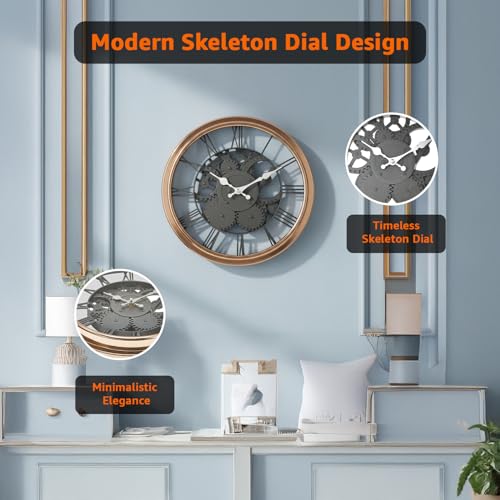 Image of Amazon Basics Plastic Wall Clock with Chrome Finish, Skeleton Dial Design, Lightweight & Durable, 30.5 cm Diameter x 4.3 cm Width, Ideal for Indoor Decor - Rose Gold